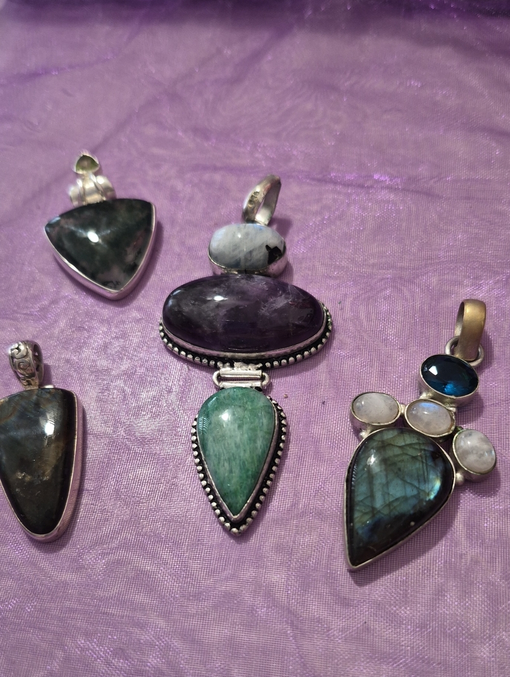 Sterling Silver  4-Multi-Gemstone Pendants Necklaces - Green, Purple, Blue